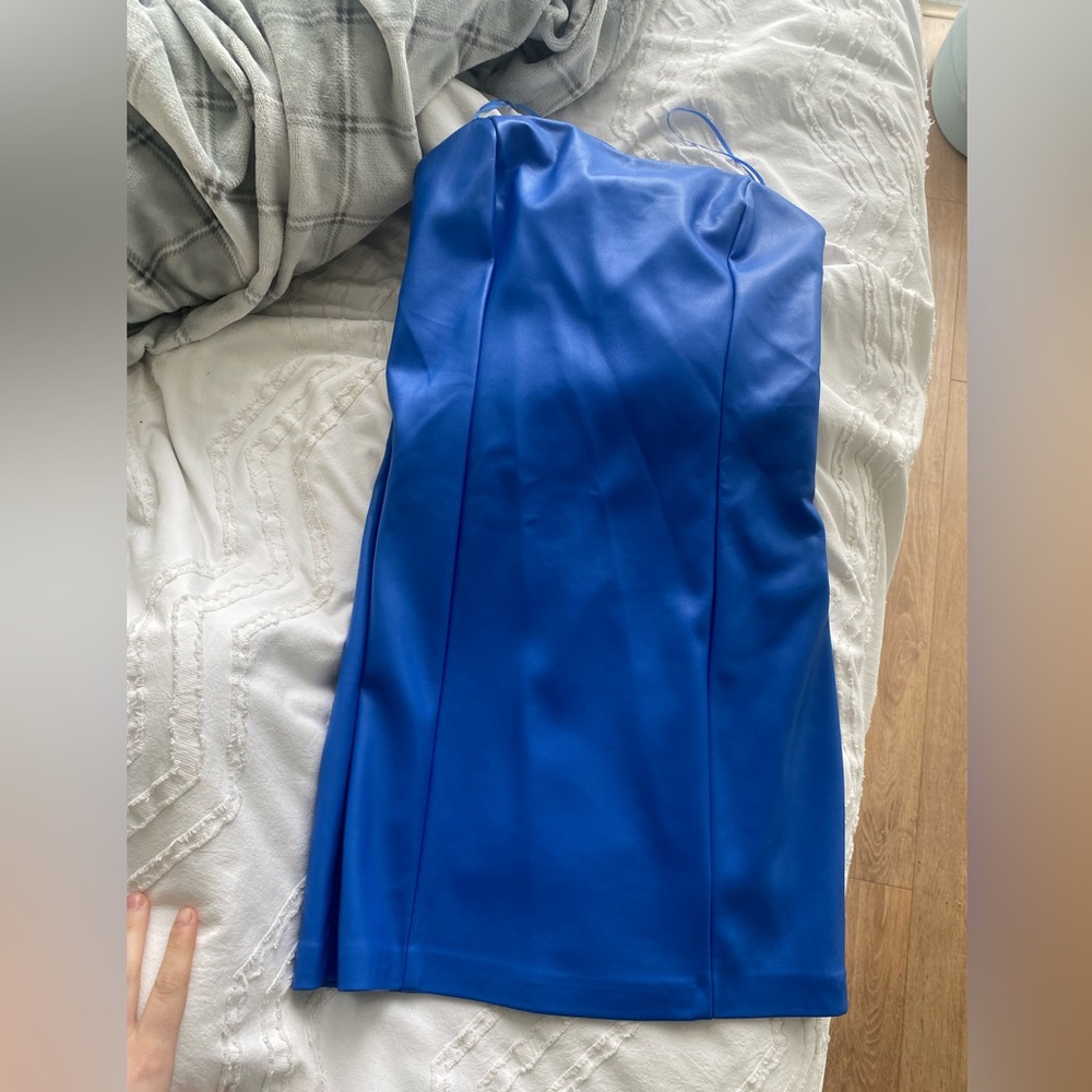 Blue vegan leather tube dress: dynamite
